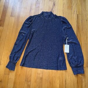 New Tuckernuck Hyacinth House Blouse XXL Blue Glitter Mock Neck Balloon Sleeve